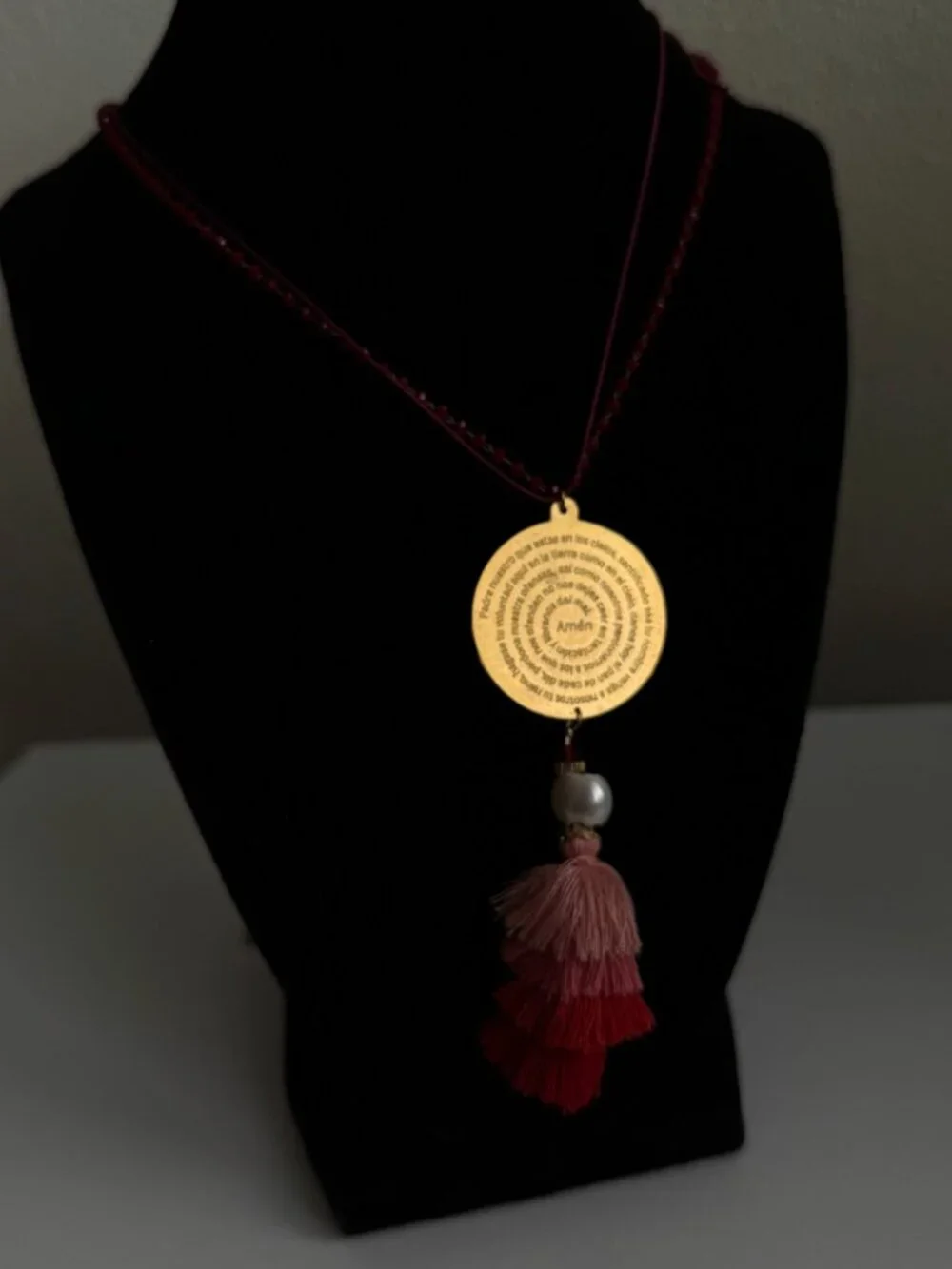 Padre Nuestro Prayer Tassel Pendant Necklace Adjustable Boho Burgundy